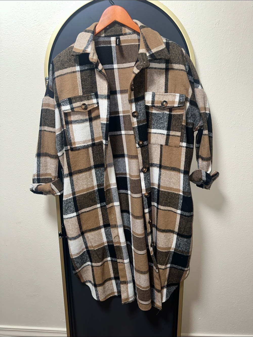 Plaid Button-Up Cardigan Jacket in Camel, Black & Cream